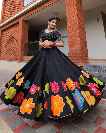 Black Color Pure Cotton With Print And Real Mirror Work Navratri Special Lehenga Choli Set