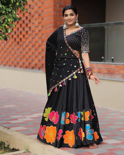 Black Color Pure Cotton With Print And Real Mirror Work Navratri Special Lehenga Choli Set