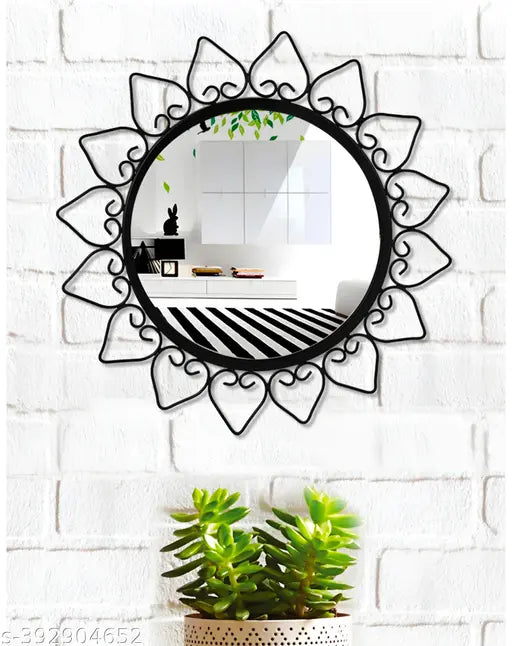 Kraphy Modern Design Round Wall Mirror Metal Studded Frame  (Antique, 1) 