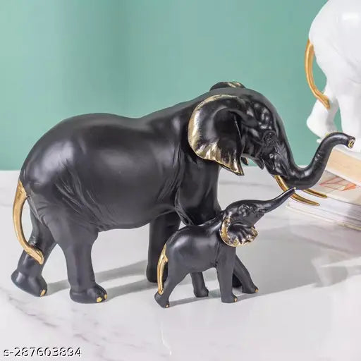 Resin White Black Golden Walking Animal Small Elephant Family Mom and Baby Sculpture for Home Decor (Black) 