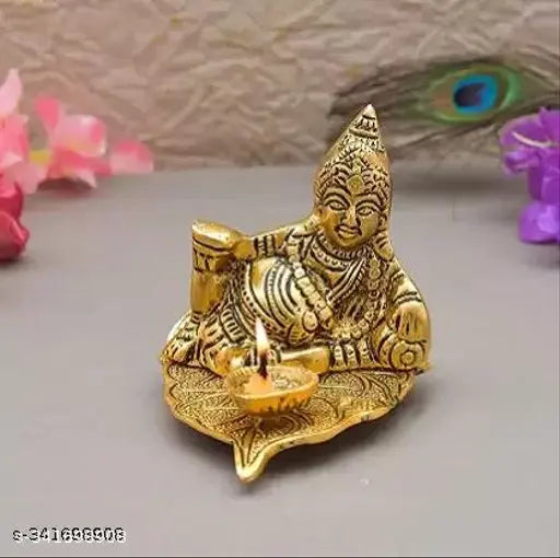 Ansh Trend Metal Kuber Deepam For Good Luck Kuber Sitting On Leaf WIth Diya Decorative Showpiece - 7 cm (Metal, Gold)