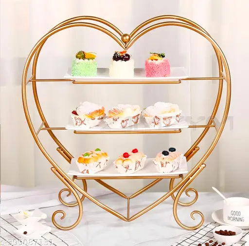 Kraphy Shape Metal Snacks Organizer | Buffet Server Gold and White, Round, Plated Round Tea Break Display Pastry Rack Three Tier Snack Shelf Banquet Cold Meal and White 
