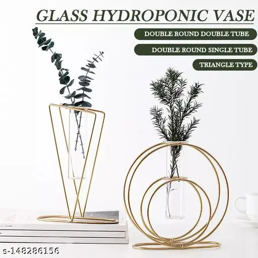 Nordic Retro Line Geometric Iron Art Hydroponics Glass Vase Flower Stand Metal Plant Holder Table Ornament Home Decor 