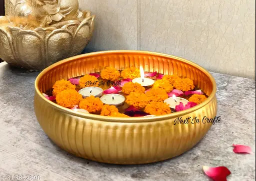 Kraphy Metal Gold Flower Decorative Urli Bowl for Home Handcrafted 