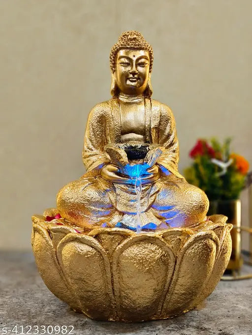 Kraphy Mini Lotus Buddha Water Fountain for Table Decor |Living Room Decor| Gift Items | Home & Office Decor Item |Buddha Water Fountain| (Gold) 