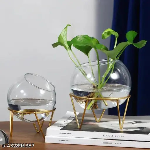 Glass Hydroponic Medium Vase in Metal Stand Candle Holder (Set of 2) 