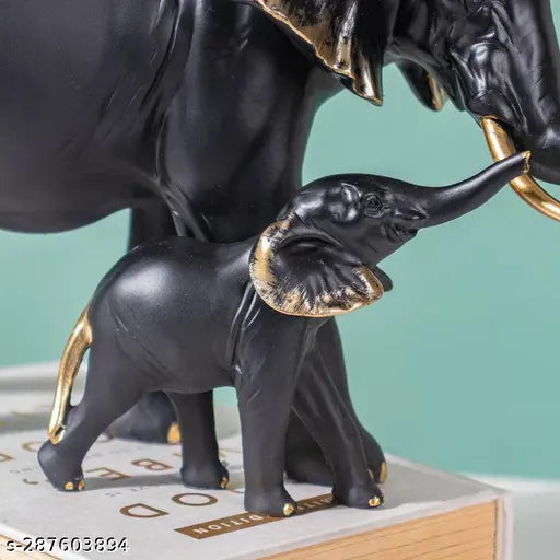 Resin White Black Golden Walking Animal Small Elephant Family Mom and Baby Sculpture for Home Decor (Black) 