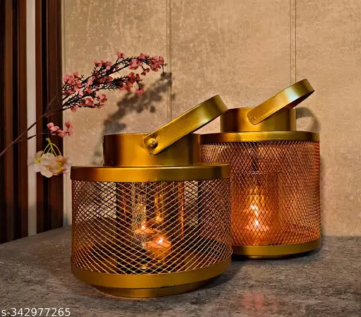 Kraphy Set of 2 Iron Lantern and Candle Tealight Holder for Home Decor Items | Candles for Home Decoration | Candle Holders for Home Decor Pack of 2 