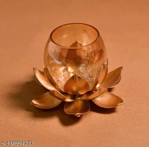 Kraphy Metal Lotus Flower Shape Candle Tealight Holder with Crackled Glass Iron 1 Cup Candle Holder Set (Pack of 1) 