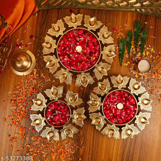 Kraphy Beautiful Lotus Design Metal Diya Urli Set of 3 for Home Diwali Decor (Set of 3) 
