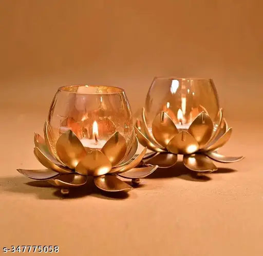 Kraphy Metal Lotus Flower Shape Candle Tealight Holder with Crackled Glass Iron 1  (Pack of 2) 