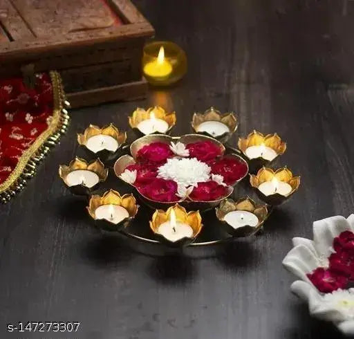 New Golden Metal Rose Urli Bowl with Tealight Holders - 12 inches 