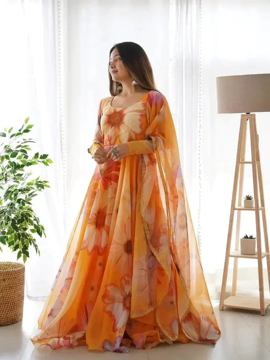 womengirl georgette  printed wedding latest long  gown with dupatta simsim