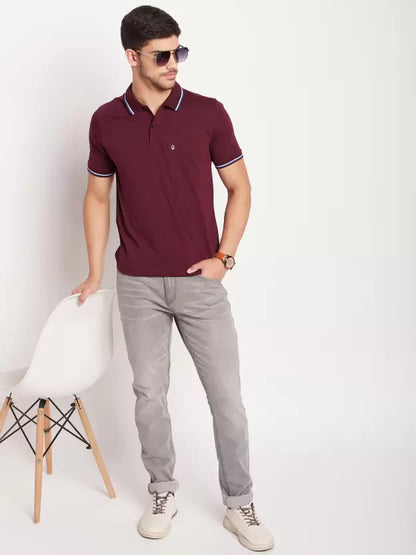 UNIBERRY Men Solid Polo Neck Cotton Blend Maroon T-Shirt 