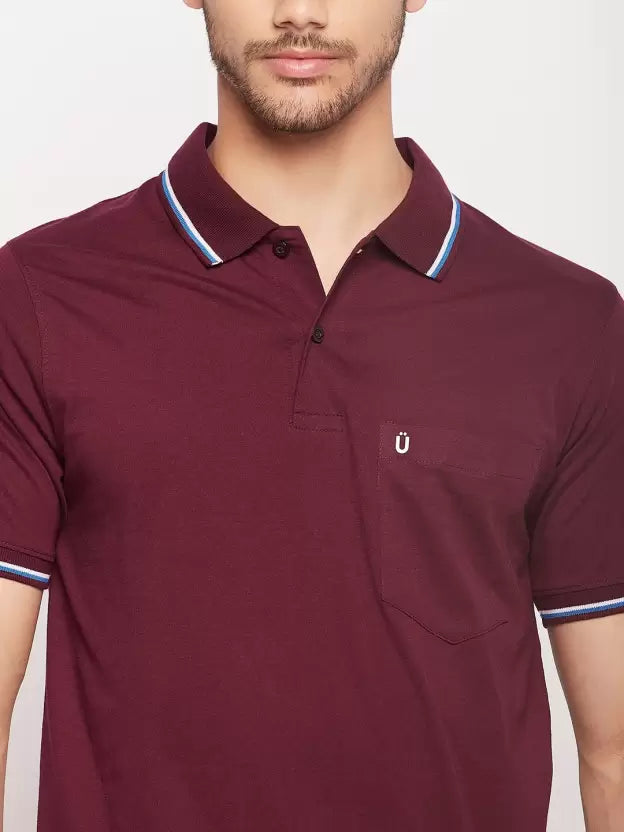 UNIBERRY Men Solid Polo Neck Cotton Blend Maroon T-Shirt 