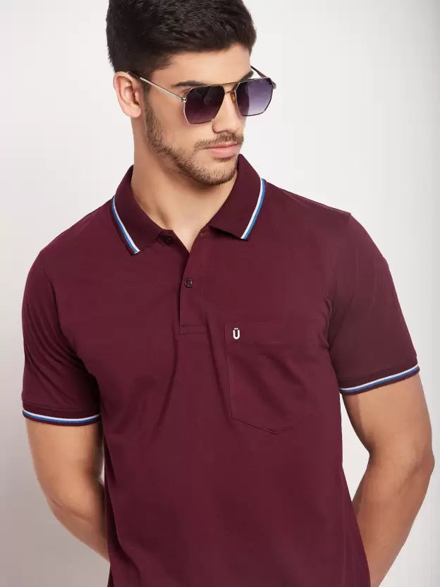 UNIBERRY Men Solid Polo Neck Cotton Blend Maroon T-Shirt 