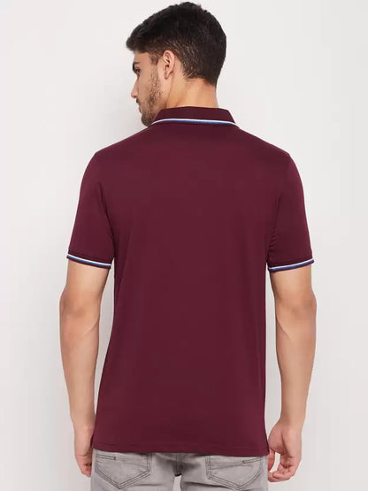 UNIBERRY Men Solid Polo Neck Cotton Blend Maroon T-Shirt 