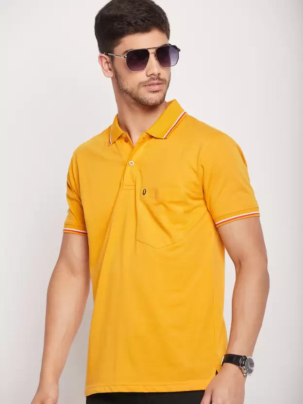 UNIBERRY Men Solid Polo Neck Cotton Blend Yellow T-Shirt