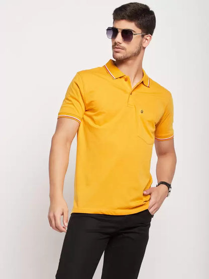 UNIBERRY Men Solid Polo Neck Cotton Blend Yellow T-Shirt