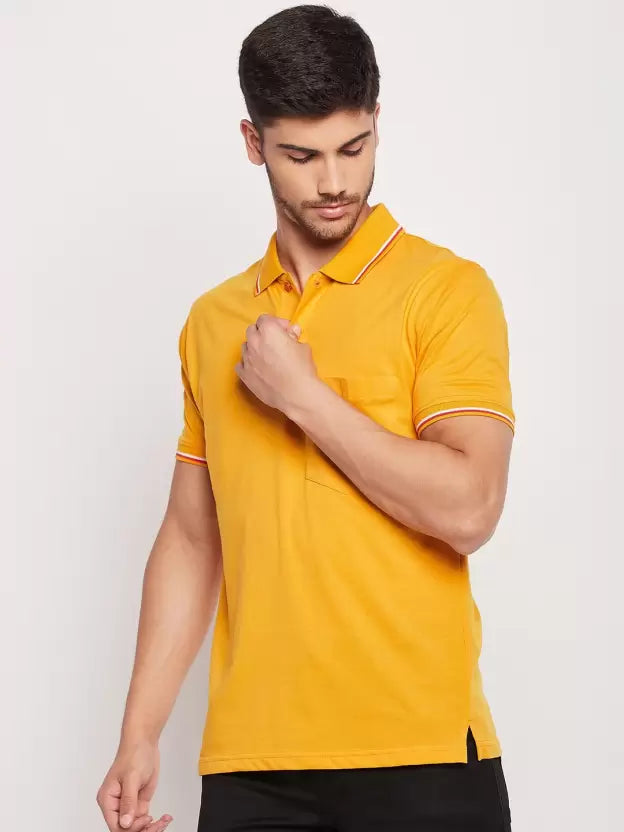 UNIBERRY Men Solid Polo Neck Cotton Blend Yellow T-Shirt