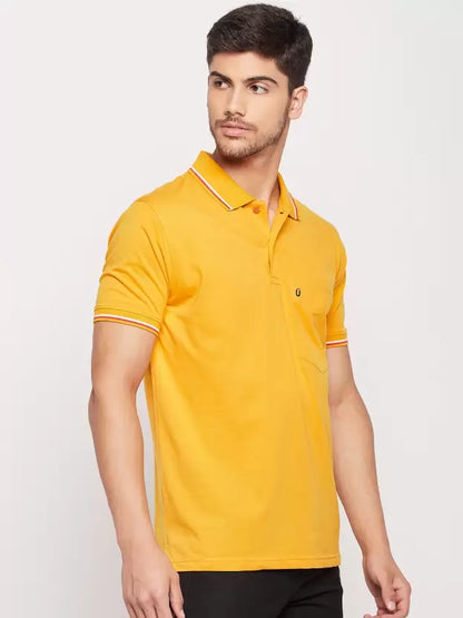 UNIBERRY Men Solid Polo Neck Cotton Blend Yellow T-Shirt