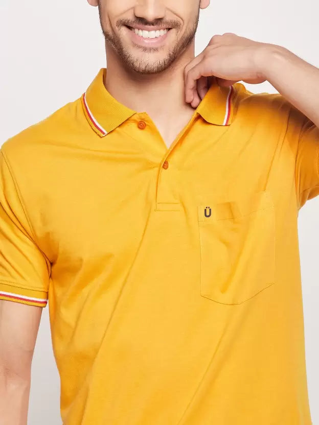 UNIBERRY Men Solid Polo Neck Cotton Blend Yellow T-Shirt