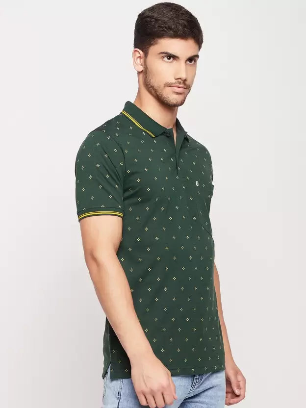 UNIBERRY Men Printed Polo Neck Cotton Blend Dark Green T-Shirt Special price