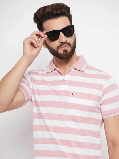 UNIBERRY Men Striped Polo Neck Cotton Blend Pink T-Shirt