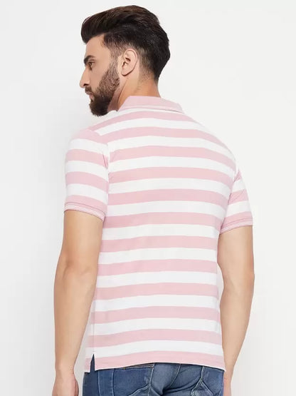 UNIBERRY Men Striped Polo Neck Cotton Blend Pink T-Shirt