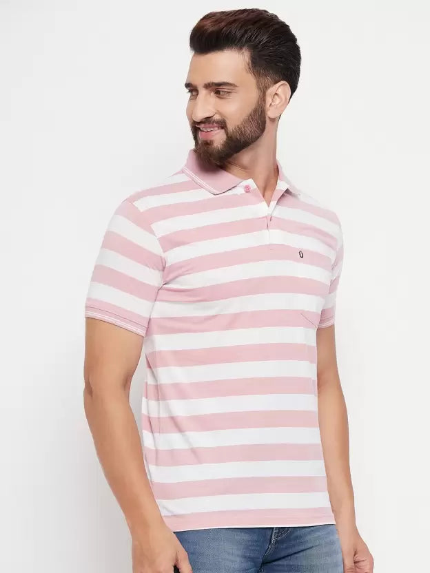 UNIBERRY Men Striped Polo Neck Cotton Blend Pink T-Shirt