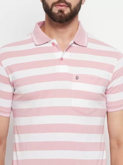 UNIBERRY Men Striped Polo Neck Cotton Blend Pink T-Shirt