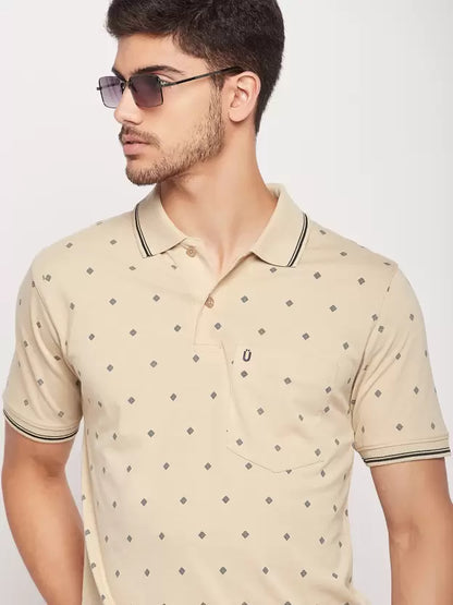 UNIBERRY  Men Printed Polo Neck Cotton Blend Beige T-Shirt