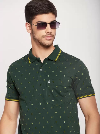 UNIBERRY Men Printed Polo Neck Cotton Blend Dark Green T-Shirt Special price