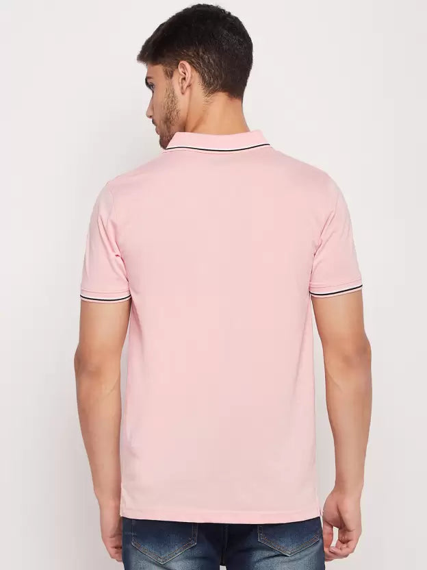 UNIBERRY Men Solid Polo Neck Cotton Blend Pink T-Shirt