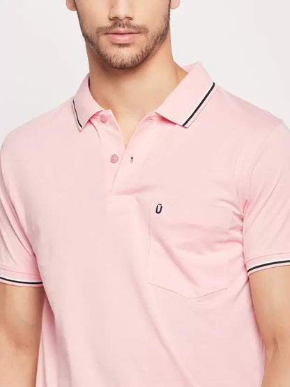 UNIBERRY Men Solid Polo Neck Cotton Blend Pink T-Shirt