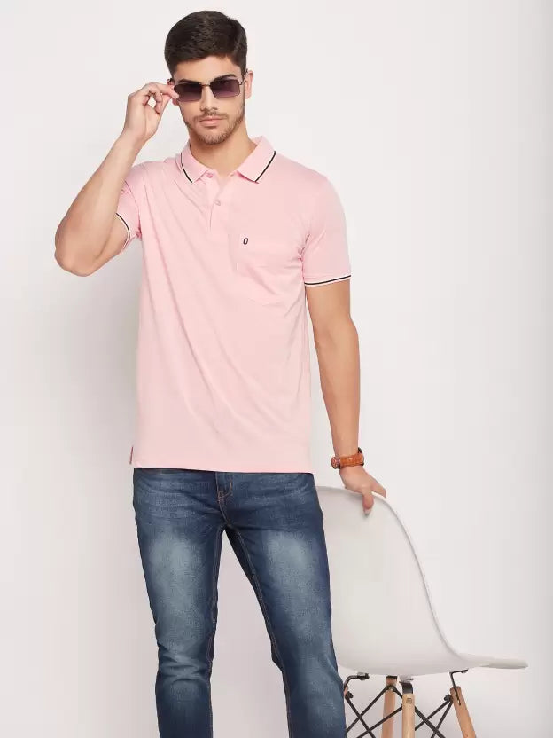 UNIBERRY Men Solid Polo Neck Cotton Blend Pink T-Shirt