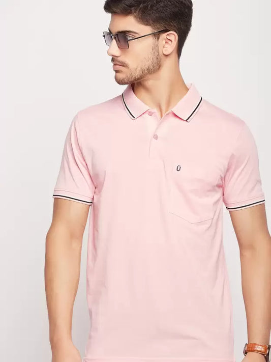 UNIBERRY Men Solid Polo Neck Cotton Blend Pink T-Shirt