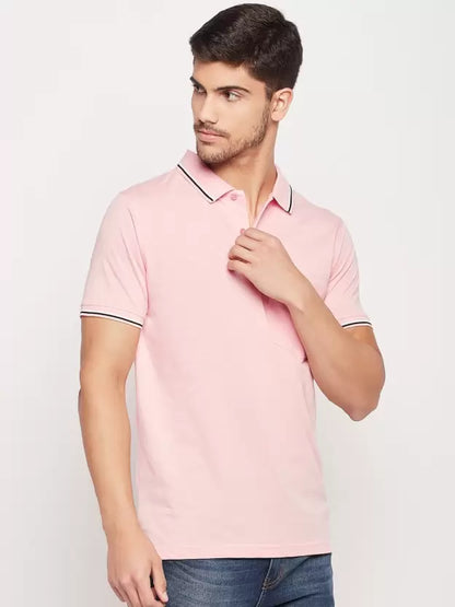 UNIBERRY Men Solid Polo Neck Cotton Blend Pink T-Shirt