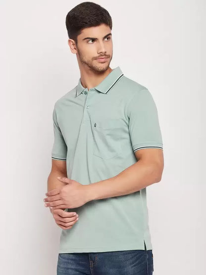 UNIBERRY Men Solid Polo Neck Cotton Blend Light Green T-Shirt