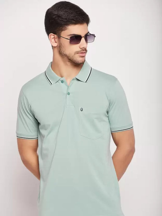 UNIBERRY Men Solid Polo Neck Cotton Blend Light Green T-Shirt