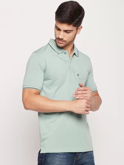 UNIBERRY Men Solid Polo Neck Cotton Blend Light Green T-Shirt