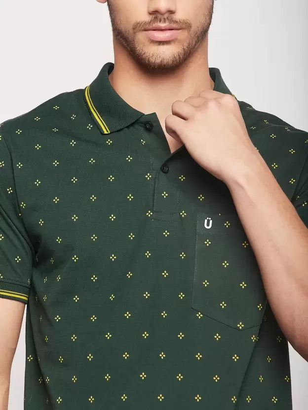 UNIBERRY Men Printed Polo Neck Cotton Blend Dark Green T-Shirt Special price