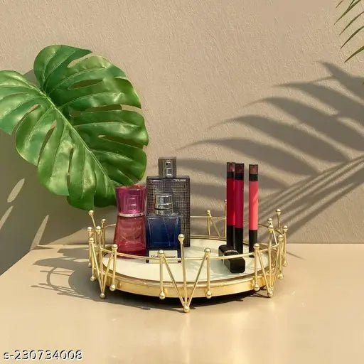 Kraphy Vintage Metal Base Golden Brass Round Tray Table Decor Vanity Tray for Living Room, Bathroom, Bedroom, Dining Table, Centre Table, Side Table Decoration 