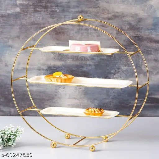 Kraphy Studio Buffet Server Catering Decorative Item Snacks Organizer with Gold Stand and White Plates 