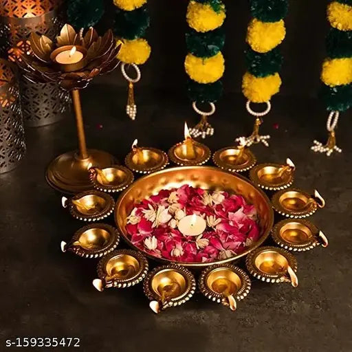 New Glorious Golden Decorative Metal Diya Urli Bowl (10 inches)Beautiful Handcrafted Rangoli Urli Bowl for Floating Flowers and Tea Light Candles Urli Bowl, Gift for Diwali 