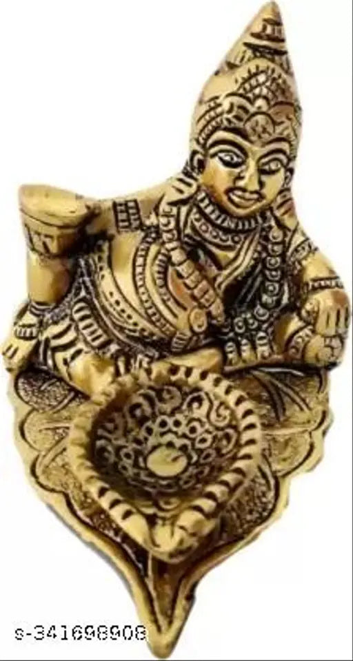 Ansh Trend Metal Kuber Deepam For Good Luck Kuber Sitting On Leaf WIth Diya Decorative Showpiece - 7 cm (Metal, Gold)